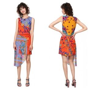 Desigual Tiwa Asymmetrical Mixed Print Midi Dress 38 XS